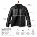 Black shearling collar leather jacket open-front view with soft black lining, zipper pocket