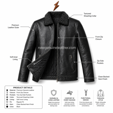 Black shearling collar leather jacket open-front view with soft black lining, zipper pocket