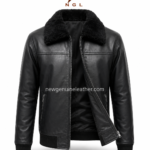 Black shearling jacket with black leather body, plush faux fur collar, front zipper, ribbed cuffs, and NGL logo