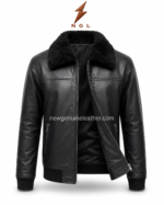 Black shearling jacket with black leather body, plush faux fur collar, front zipper, ribbed cuffs, and NGL logo