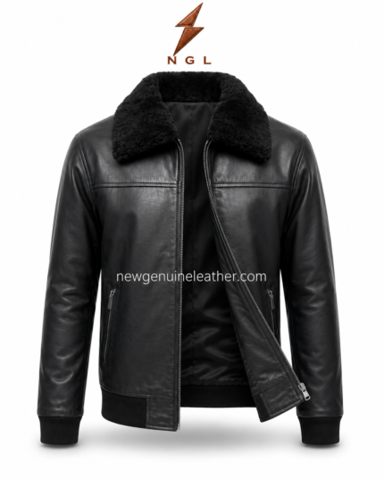 Black shearling jacket with black leather body, plush faux fur collar, front zipper, ribbed cuffs, and NGL logo