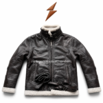 OEM black shearling leather jacket with white shearling cuffs, high collar, angled zipper pockets, adjustable belt straps, and NGL