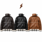 Clean e-commerce colour range image showing three shearling leather jacket variations for wholesale buyers.