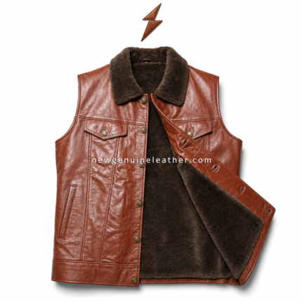 Shearling leather vest wholesale color range in cognac brown, dark brown, black, tan, burgundy, and olive green with front button closure
