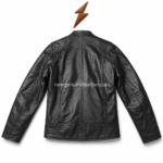 Black sheep leather jacket wholesale with front zipper, snap mandarin collar, chest zip pockets, and NGL