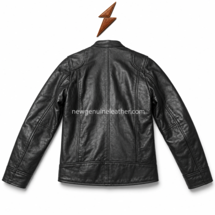 Black sheep leather jacket wholesale with front zipper, snap mandarin collar, chest zip pockets, and NGL