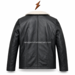 Black sherpa collar leather jacket with three front pockets, stitched seams, and premium leather