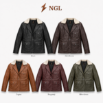 Front view of black sherpa collar leather jacket with quilted inner lining and button flap