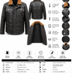 Black sherpa leather jacket with tan collar, flap chest pockets, snap-button storm flap, and black leather body.