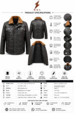 Black sherpa leather jacket with tan collar, flap chest pockets, snap-button storm flap, and black leather body.