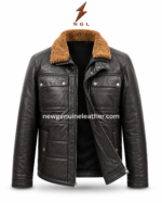 Black sherpa leather jacket back pose with tan collar, stitched back panels, smooth black leather texture