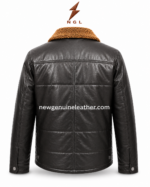 Black sherpa leather jacket shown open with quilted inner lining, tan collar, front zipper, and snap-button storm flap.
