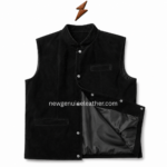 Premium black suede waistcoat jacket with mandarin collar, stitched seams and leather