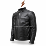 Black stand collar leather jacket with front zipper and chest zip pockets on white background