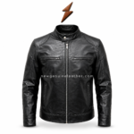 Black stand collar leather jacket side angle with smooth leather texture and silver zipper hardware