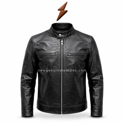 Black stand collar leather jacket side angle with smooth leather texture and silver zipper hardware