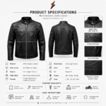 Black stand collar leather jacket size guide with chest waist shoulder sleeve and back length measurements