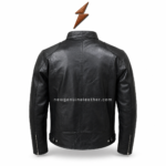 Black stand collar leather jacket product specifications image with chest pockets and stand collar