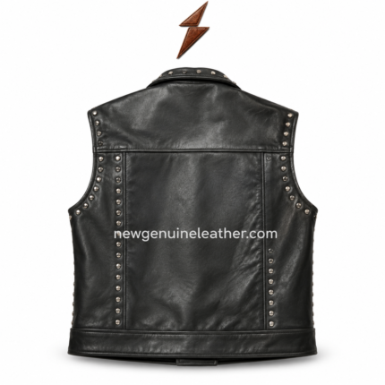 Black stud vest with silver studs, biker lapel collar, zipper pockets, NGL logo