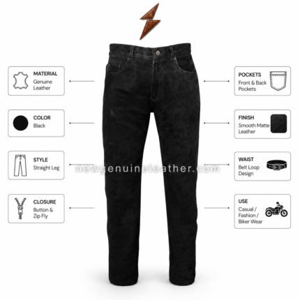Black suede leather pants shown with dark brown, tan, cognac brown, and olive brown color options on a white studio background