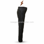 Wholesale black suede leather pants with front pocket details, matte finish, straight-leg cut, button waist, and newgenuineleather.com