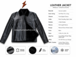 Black winter leather jacket OEM front view with plush collar, smooth black leather shell, side pockets and NGL logo above.