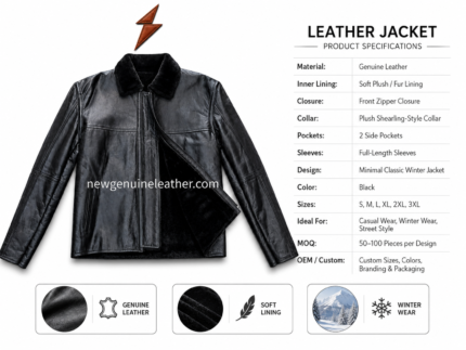 Black winter leather jacket OEM front view with plush collar, smooth black leather shell, side pockets and NGL logo above.