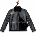 Black winter leather jacket OEM back view with stitched shoulder panels, smooth leather texture