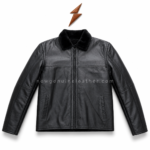 Black winter leather jacket OEM detail shot with plush collar, leather grain, front zipper and vertical side pocket.