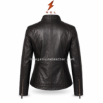Black zip leather jacket front view with stand collar, dual chest zip pockets, side pockets and NGL