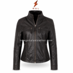 Black zip leather jacket inner view with open front zipper, black lining, chest zip pockets and fitted women’s