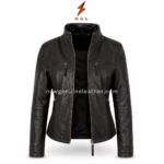 Black zip leather jacket back view with shaped stitched panels, stand collar, sleeve zipper cuffs