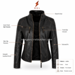 Black zip leather jacket specs image with stand collar, front zipper, dual chest zip pockets and side zipper pockets.