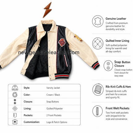 Leather varsity jacket manufacturer product in black and cream leather with snap buttons, chest patch, striped cuffs