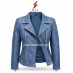 Blue biker jacket front view with lapel collar, asymmetrical zipper, quilted shoulders, side zip pockets and NGL
