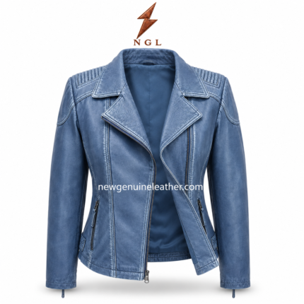 Blue biker jacket front view with lapel collar, asymmetrical zipper, quilted shoulders, side zip pockets and NGL
