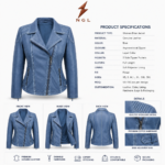Blue biker jacket back view with shaped panel seams, quilted shoulder sections, full sleeves and clean leather finish.