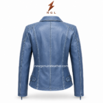Blue biker jacket specs image with lapel collar, diagonal zipper closure, side zip pockets, blue leather finish and OEM details.