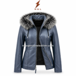 Blue fur hood jacket product image showing open front zipper, black inner lining and thick grey faux fur