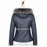 Blue fur hood jacket back view with hood, grey black fur trim, fitted back seams and smooth blue leather finish
