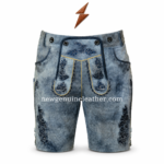 Blue grey embroidered lederhosen shorts with washed suede finish, black Bavarian embroidery, front bib panel, metal buttons, and NGL