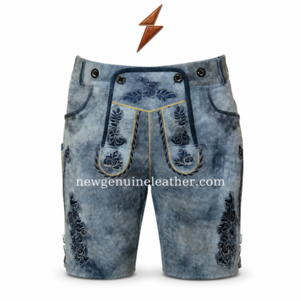 Blue grey embroidered lederhosen shorts with washed suede finish, black Bavarian embroidery, front bib panel, metal buttons, and NGL