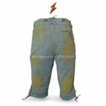 Ice blue suede lederhosen shorts with grey washed finish, front bib embroidery, curved side pockets, button waist, lace cuffs, and NGL