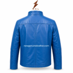 Blue leather jacket with stand collar, front zipper closure, side zipper pockets, smooth finish, and NGL