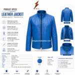 Blue leather jacket with open front zipper, matching blue inner lining, smooth leather texture, and centered website watermark.