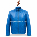 Back view of blue leather jacket with stand collar, center back seam, shoulder yoke stitching, sleeve panels, and smooth finish.