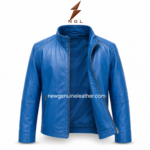 Product specs image of blue leather jacket showing stand collar, front zip closure, zipper pockets, collar detail, back view, and color swatch.