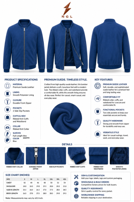 Blue suede jacket with ribbed knit collar, front zipper, side slip pockets, ribbed cuffs, and NGL logo