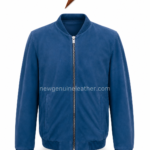 Blue suede jacket shown open with smooth blue lining, silver zipper hardware, ribbed collar, and rib-knit waistband.