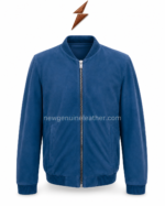 Blue suede jacket shown open with smooth blue lining, silver zipper hardware, ribbed collar, and rib-knit waistband.